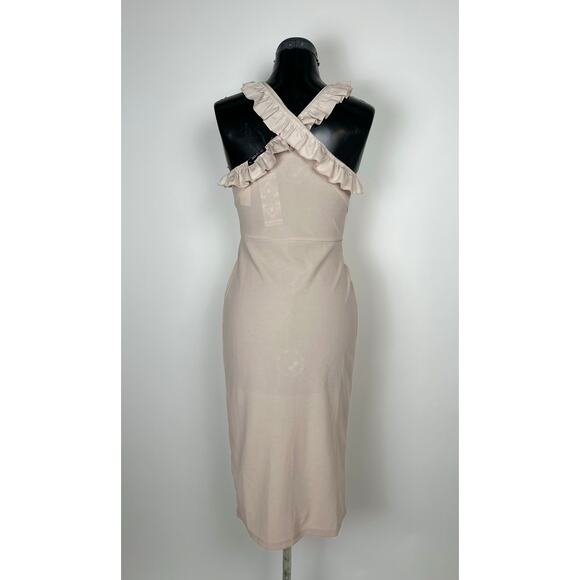 BooHoo Frill Edge Wrap Midi Dress in Stone NWT Sz 6 - Picture 4 of 5